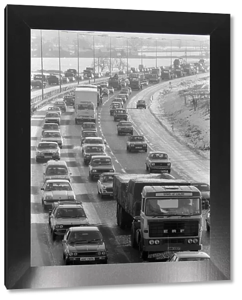 Heavy traffic on the M6 around Birmingham. 29th January 1979