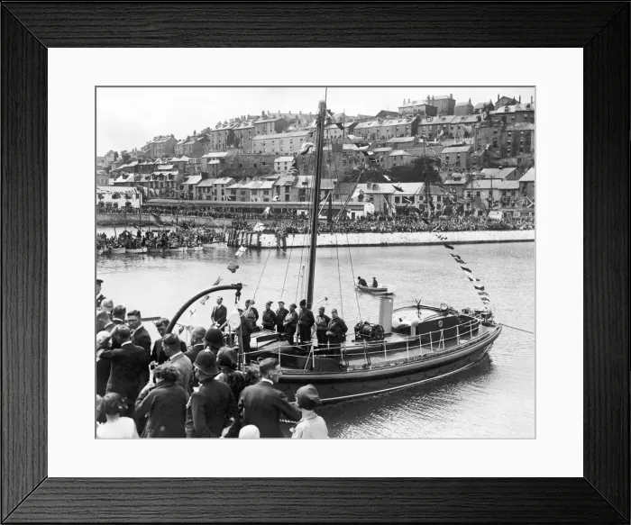 Framed Print : New lifeboat at Brixham, Devon. The Prince of Wales making a speech before the launch