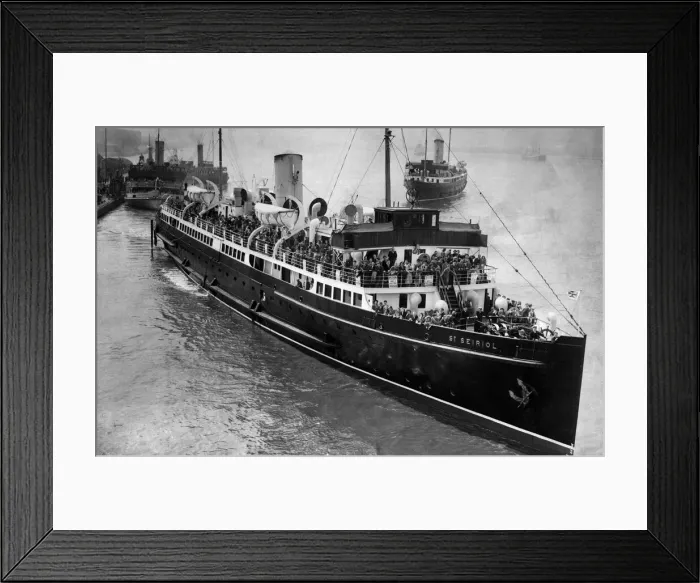 Framed Print : The St. Seiriol leaving Liverpool crowded with happy trippers on the first stage of their Framed Print : The St. Seiriol leaving Liverpool crowded with happy trippers on the first stage of their