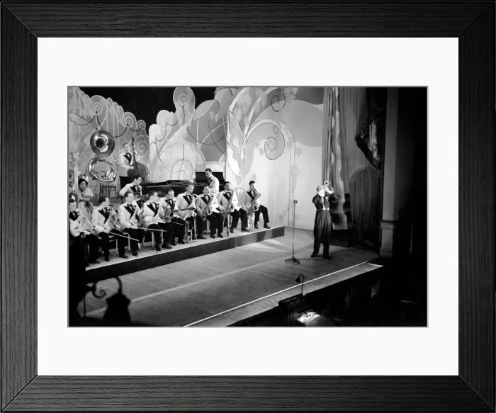 Framed Print : Dance band leader and trumpeter Jack Jackson with his band performing on stage in Framed Print : Dance band leader and trumpeter Jack Jackson with his band performing on stage in