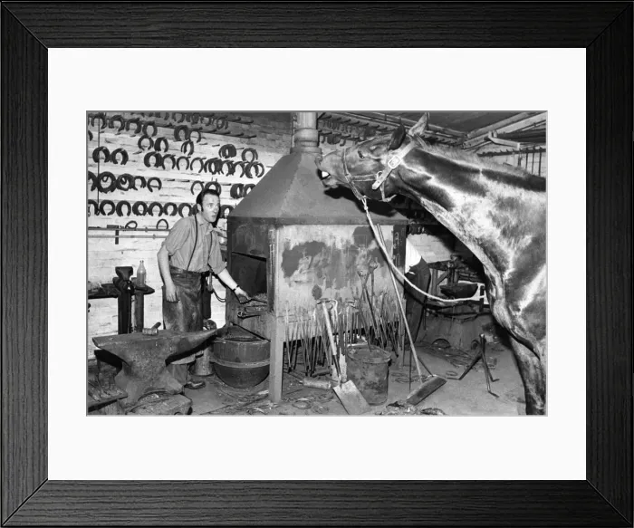 Framed Print : Blacksmith Joe Baty of Hexham being told by a customer what style and size shoe is wanted Framed Print : Blacksmith Joe Baty of Hexham being told by a customer what style and size shoe is wanted