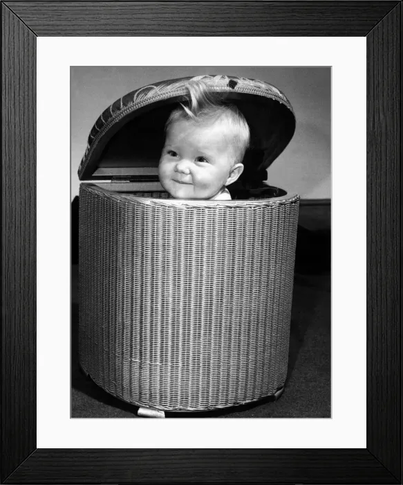 Framed Print : Children - Babies Baby 8 month old Julie sitting in a straw basket