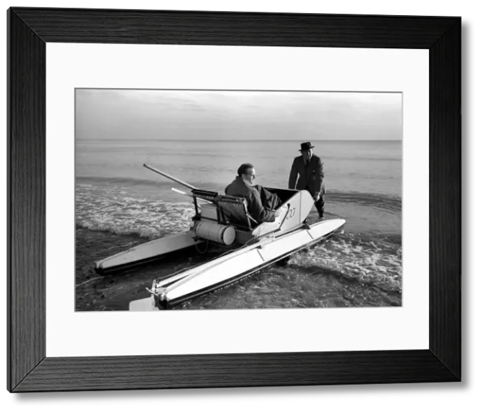 Framed Print : Mr. Du - Preaine setting out on crop channel trip in pedal boat. January 1953 D437-002 Framed Print : Mr. Du - Preaine setting out on crop channel trip in pedal boat. January 1953 D437-002