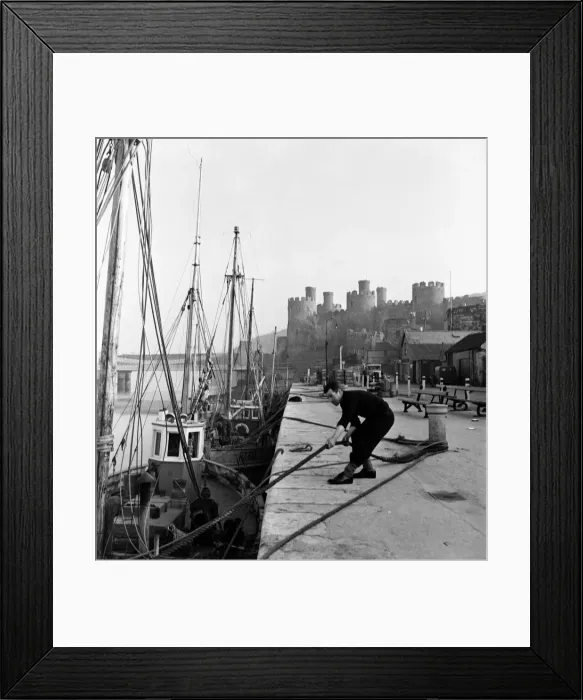 Framed Print : Fishermen ties up his fishing boats at Conway Castle. March 1953 D1229 Framed Print : Fishermen ties up his fishing boats at Conway Castle. March 1953 D1229