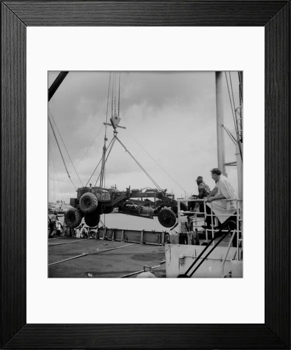 Framed Print : East African Groundnuts Scheme. Loading caterpillar tractors and road drainers Framed Print : East African Groundnuts Scheme. Loading caterpillar tractors and road drainers