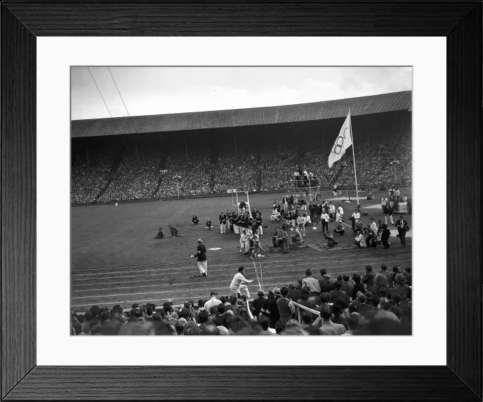 Framed Print : Marathon race runner crosses the finish line August 1948 at Wembley during Framed Print : Marathon race runner crosses the finish line August 1948 at Wembley during