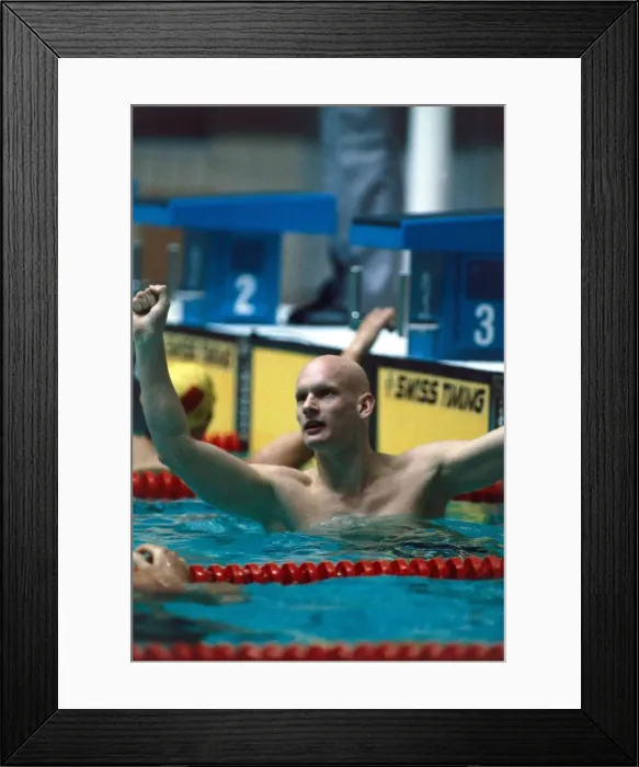 Framed Print : Duncan Goodhew Swimmer celebrates after winning 100m breastroke gold at the Moscow Framed Print : Duncan Goodhew Swimmer celebrates after winning 100m breastroke gold at the Moscow