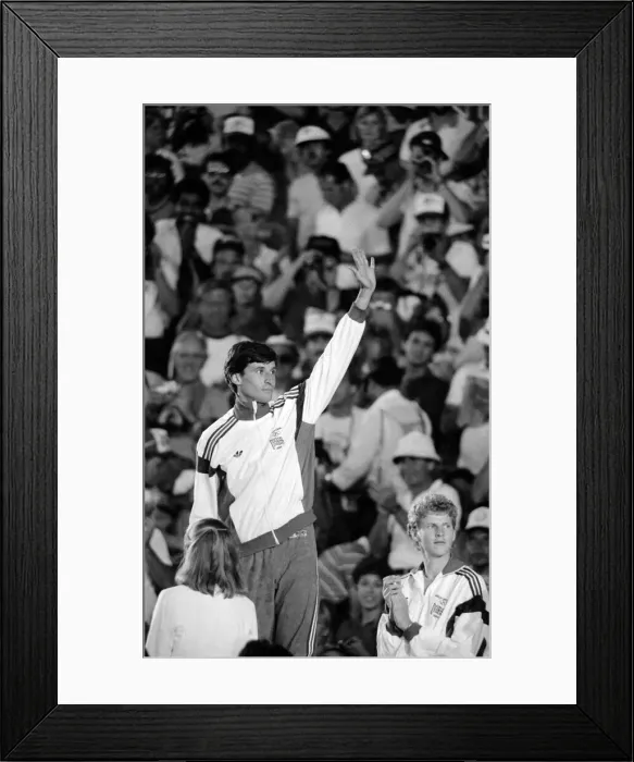 Framed Print : Olympic Games 1984 Los Angeles USA Sebastain Coe celebrates on the podium after