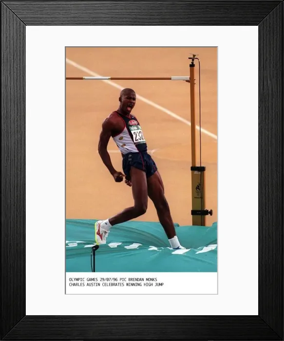  : Charles Austin USA celebrates after winning gold in the high jump in the Atlanta Olympic