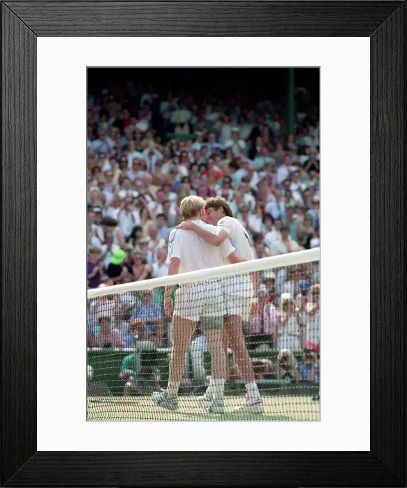 Framed Print : Mens Wimbledon Final. Michael Stich v Boris Becker Stich congratulated by Framed Print : Mens Wimbledon Final. Michael Stich v Boris Becker Stich congratulated by