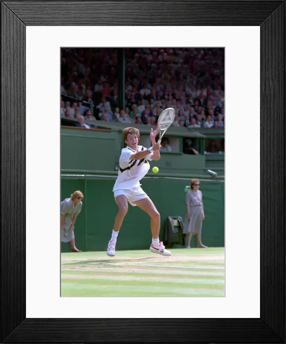 Framed Print : Wimbledon Tennis. Stefan Edberg v. Michael Stich. Stich Celebrates his win Framed Print : Wimbledon Tennis. Stefan Edberg v. Michael Stich. Stich Celebrates his win