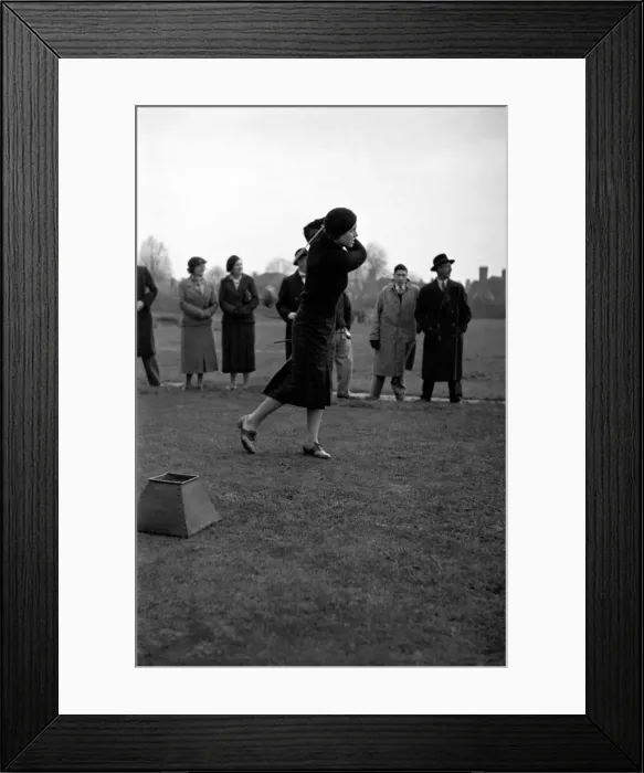 Framed Print : Jockey Gordon Richards plays golf at Romford. Picture shows woman playing golf Framed Print : Jockey Gordon Richards plays golf at Romford. Picture shows woman playing golf