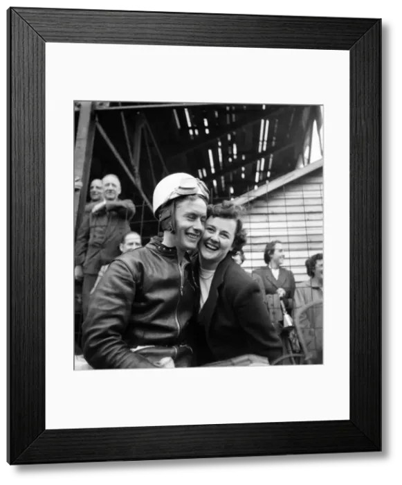 Framed Print : K. Farrant with his girlfriend after winning the Senior Grand Prix at Douglas Framed Print : K. Farrant with his girlfriend after winning the Senior Grand Prix at Douglas