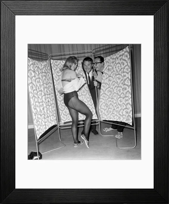 Framed Print : Eric Morecambe and Ernie Wise June 1965 clown it up with chorus girl Valerie