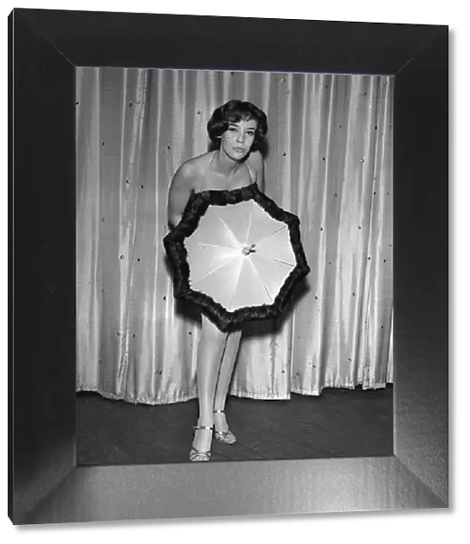 Sunni Cooley 1958 showgirl mink trimmed bikini and umbrella appearing in new floor show