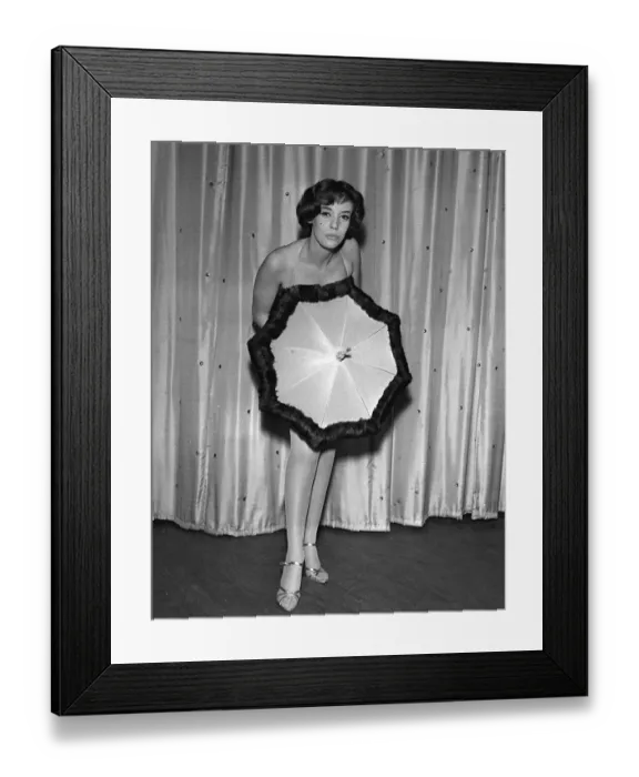 Framed Print : Sunni Cooley 1958 showgirl mink trimmed bikini and umbrella appearing in new floor show Framed Print : Sunni Cooley 1958 showgirl mink trimmed bikini and umbrella appearing in new floor show