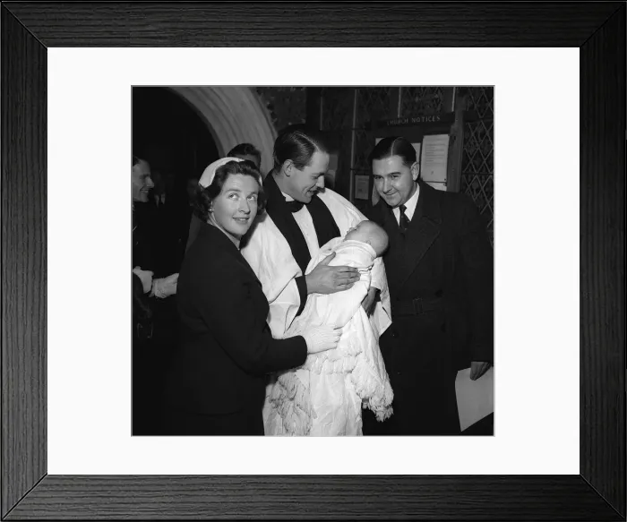 Framed Print : Colin Cowdray 1958 cricketer with wife Penelope at christening of son Christopher by Rev Framed Print : Colin Cowdray 1958 cricketer with wife Penelope at christening of son Christopher by Rev