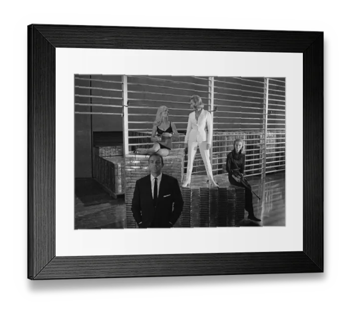 Framed Print : Film Goldfinger 1964 Sean Connery as James Bond 007 poses with Bond girls Honor Blackman