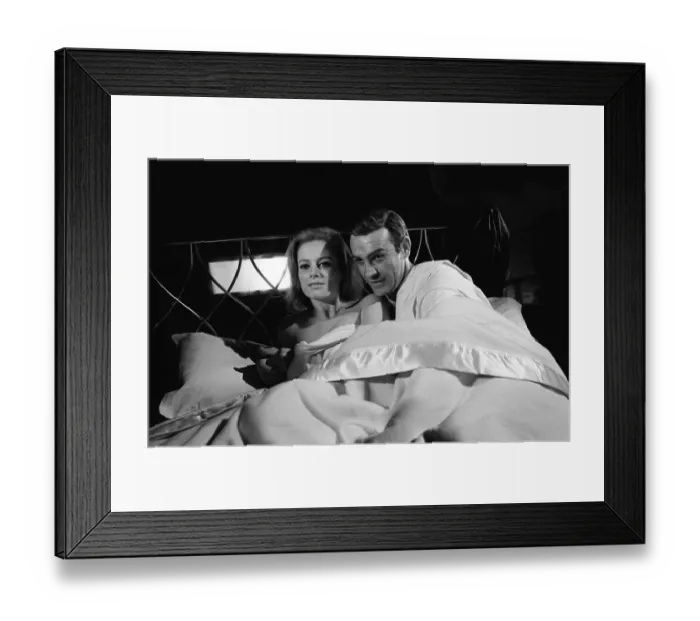 Framed Print : Film Thunderball 1965 Sean Connery and Luciana Paluzzi Filming bed scene James Bond