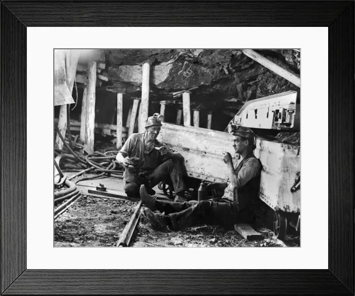 Framed Print : Coal Mines underground scenes. Workers having a break. December 1937