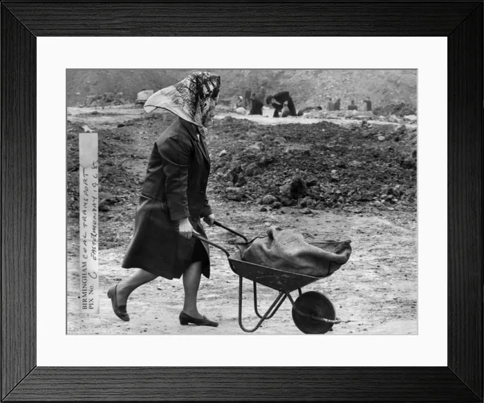 Framed Print : Woman wheeling a wheelbarrow filled with a sack of coal at Bentley Lane in Walsall Framed Print : Woman wheeling a wheelbarrow filled with a sack of coal at Bentley Lane in Walsall
