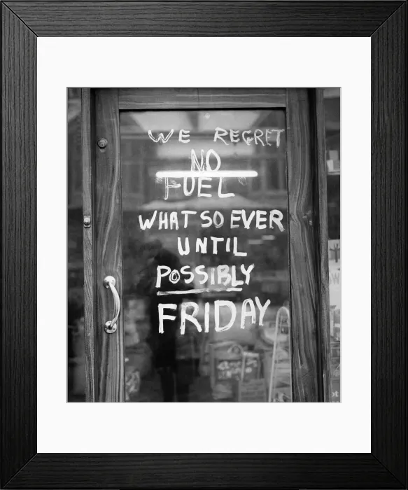 Framed Print : Fuel Shortage. Notice on a coal dealers door in Sidcup, Kent. January 1963 P017808 Framed Print : Fuel Shortage. Notice on a coal dealers door in Sidcup, Kent. January 1963 P017808
