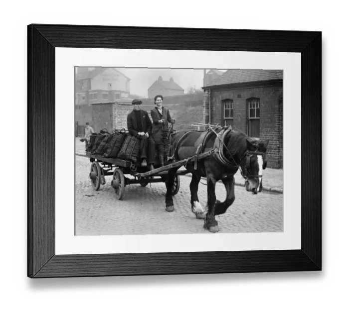 Framed Print : Coal Women. Woman on a cart laiden with sacks of coal, being pulled along by a horse Framed Print : Coal Women. Woman on a cart laiden with sacks of coal, being pulled along by a horse