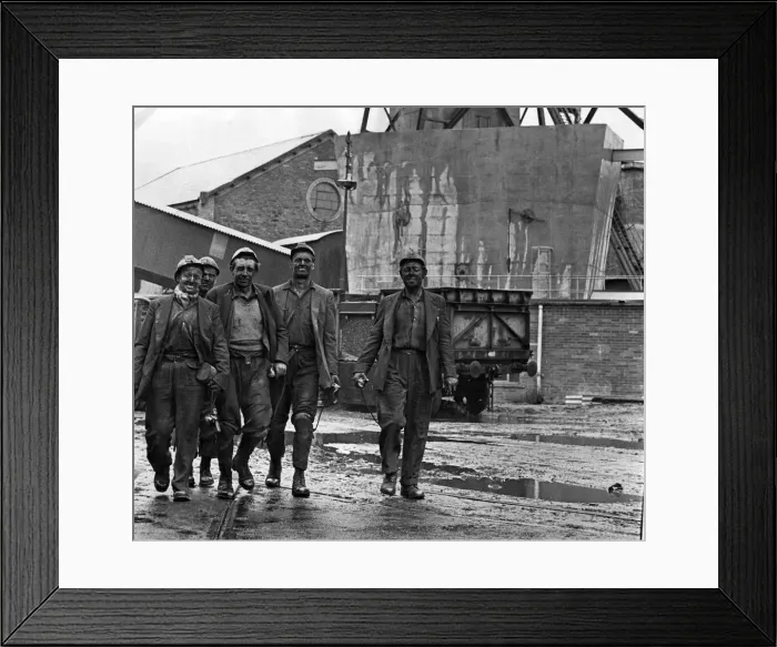 Framed Print : In the Rhodda. A group of the Durham miners come off their shift at their new home Framed Print : In the Rhodda. A group of the Durham miners come off their shift at their new home