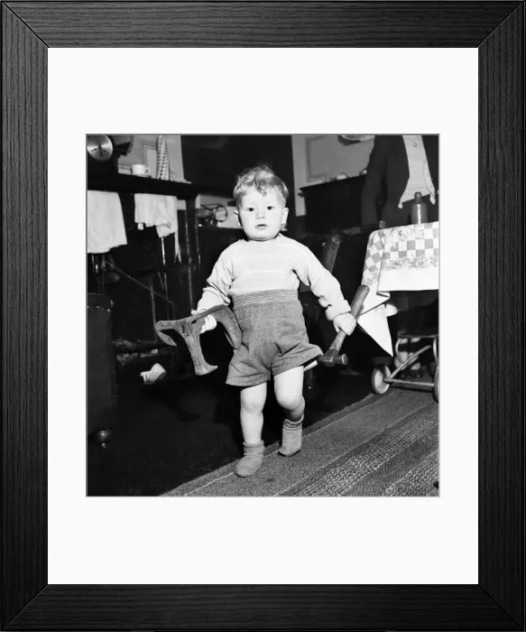 Framed Print : Young toddler boy holding heavy tools December 1952 C6391 Framed Print : Young toddler boy holding heavy tools December 1952 C6391