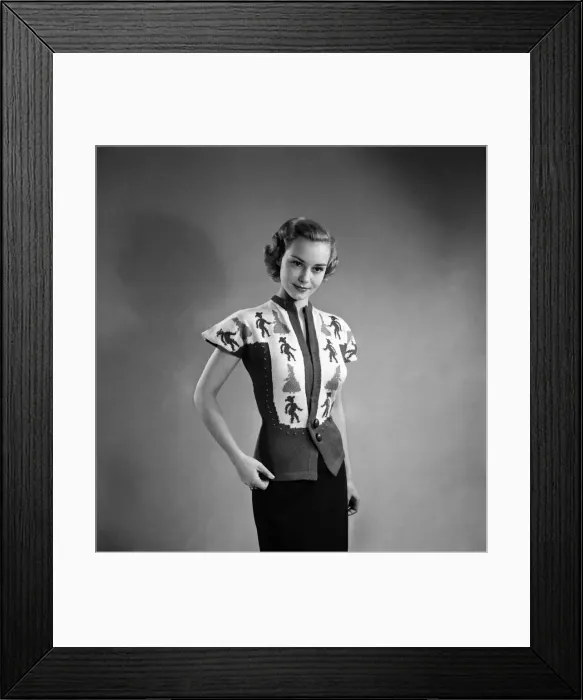 Framed Print : Woman poses wearing a Square Dance Jumper. February 1952 C6277 Framed Print : Woman poses wearing a Square Dance Jumper. February 1952 C6277