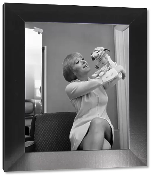 Entertainer Shari Lewis with puppet Lamb Chop in her dressing room