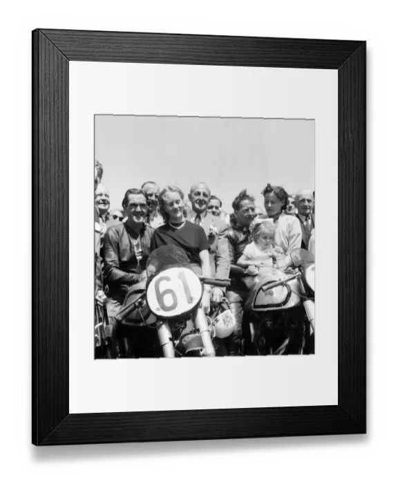 Framed Print : Motorsport. Isle of Man TT Races 1953 Ray Aman (61), with his wife and J Framed Print : Motorsport. Isle of Man TT Races 1953 Ray Aman (61), with his wife and J