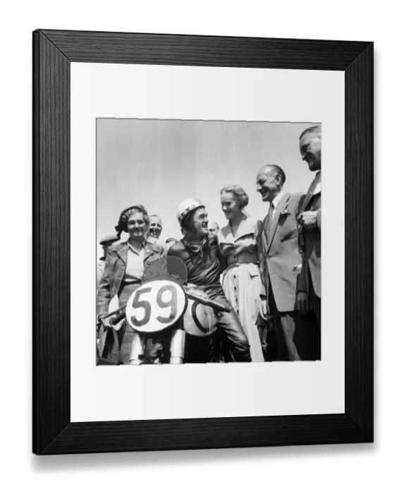 Framed Print : Motorsport. Isle of Man TT Races 1953 Ray Aman receives congratulations after