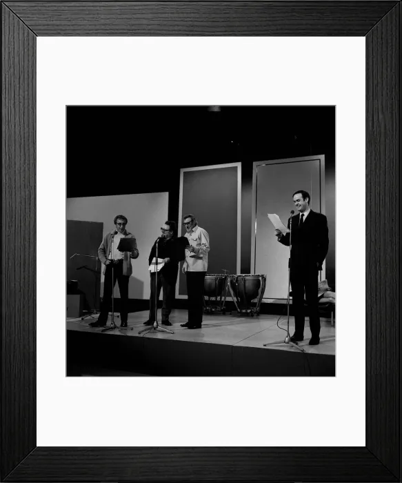 Framed Print : Goons alias Spike Milligan Peter Sellers Harry Secombe with John Cleese during recording Framed Print : Goons alias Spike Milligan Peter Sellers Harry Secombe with John Cleese during recording
