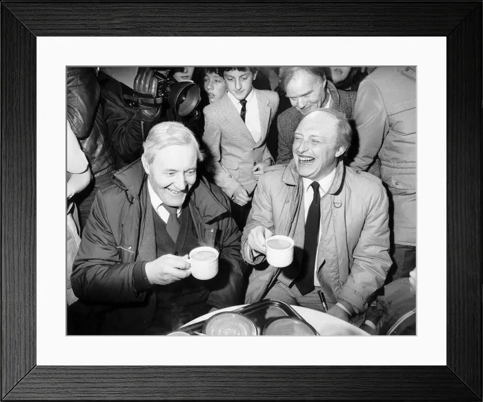 Framed Print : Tony Benn Labour candidate with Neil Kinnock Labour leader having a cup of tea in Framed Print : Tony Benn Labour candidate with Neil Kinnock Labour leader having a cup of tea in