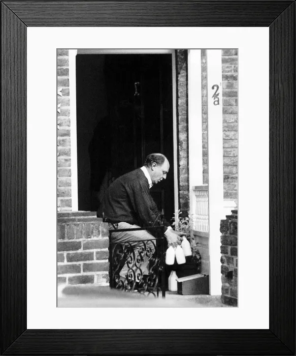Framed Print : Neil Kinnock MP Former Labour Party Leader outside his house taking in his delivered milk Framed Print : Neil Kinnock MP Former Labour Party Leader outside his house taking in his delivered milk