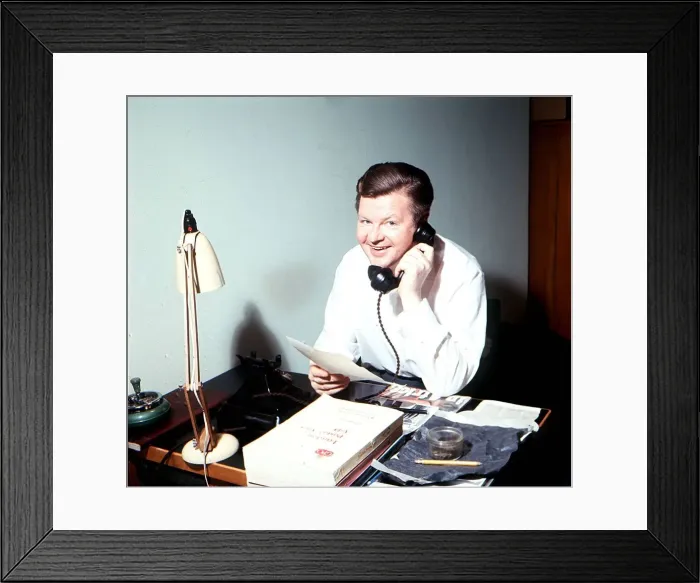 Framed Print : Benny Hill comedian sitting at a desk in his Kensington flat Framed Print : Benny Hill comedian sitting at a desk in his Kensington flat