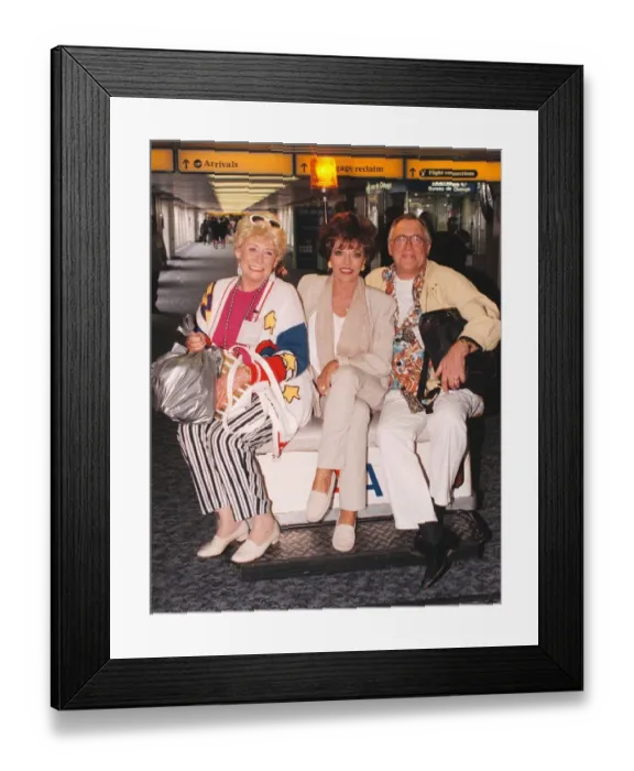 Framed Print : Liz Dawn and Bill Tarmey and Joan Collins September 1997 when they were filming Framed Print : Liz Dawn and Bill Tarmey and Joan Collins September 1997 when they were filming