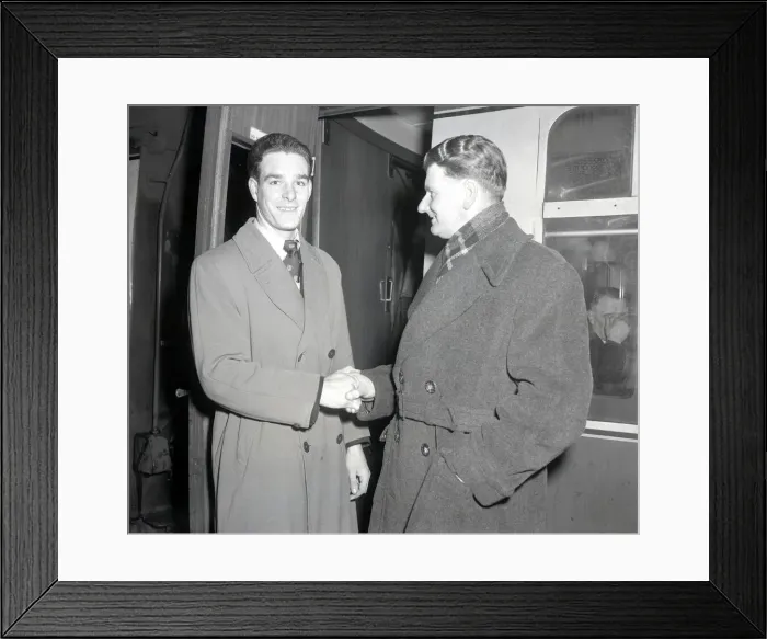 Framed Print : John Edward Lever (Right) at Euston Station en route to Bolton shaking hands with unnamed Framed Print : John Edward Lever (Right) at Euston Station en route to Bolton shaking hands with unnamed