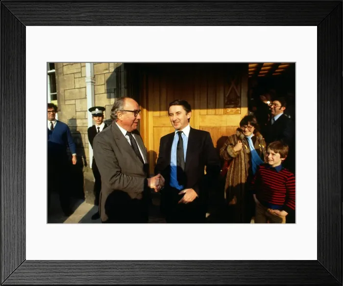 Framed Print : Roy Jenkins shaking hands with David Steel March 1982 Framed Print : Roy Jenkins shaking hands with David Steel March 1982