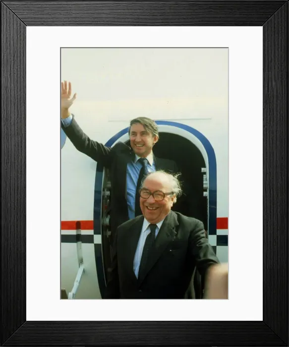 Framed Print : Roy Jenkins & David Steel leaving aeroplane May 1983 Framed Print : Roy Jenkins & David Steel leaving aeroplane May 1983