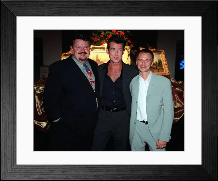 Framed Print : Actor Pierce Brosnan August 1999 with Robert Carlye and Robbie Cotrane at party after Framed Print : Actor Pierce Brosnan August 1999 with Robert Carlye and Robbie Cotrane at party after