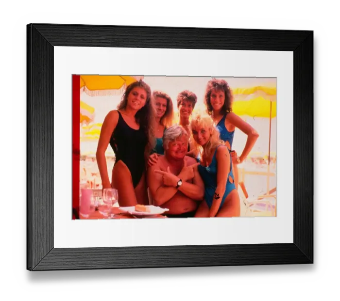 Framed Print : Benny Hill comedian June 1992 With girls on beach pointing fingers