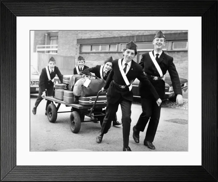 Framed Print : Local boys of the Boys Brigade handling luggage for visiting delegates Framed Print : Local boys of the Boys Brigade handling luggage for visiting delegates