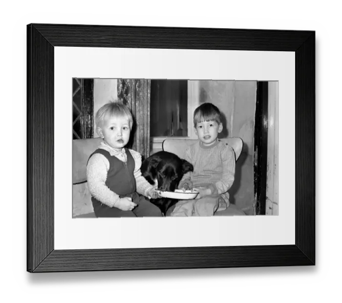 Framed Print : Animals with children - Dogs: Feeding time for Teeny Framed Print : Animals with children - Dogs: Feeding time for Teeny