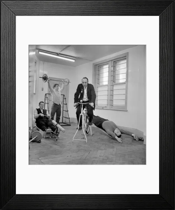 Framed Print : Health and Fitness. Workers of South Shields bus depot working out in the company Framed Print : Health and Fitness. Workers of South Shields bus depot working out in the company