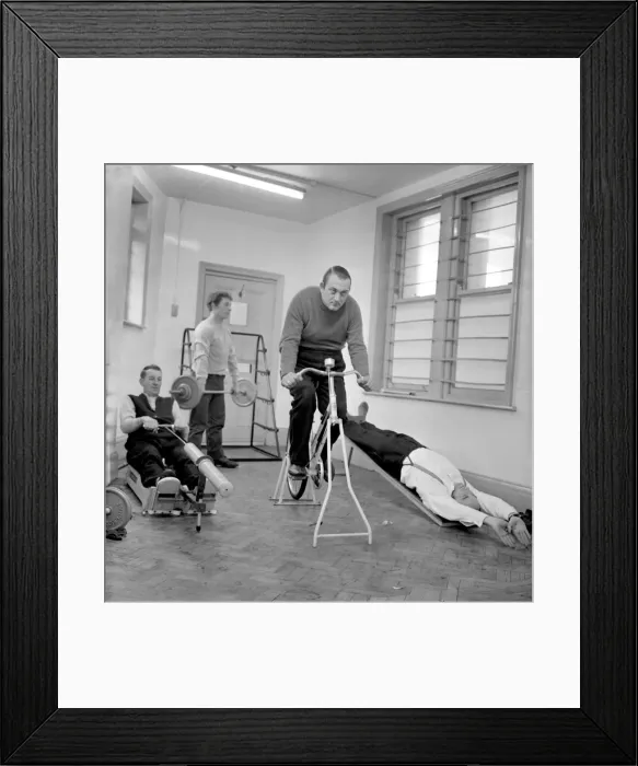Framed Print : Health and Fitness. Workers of South Shields bus depot working out in the company