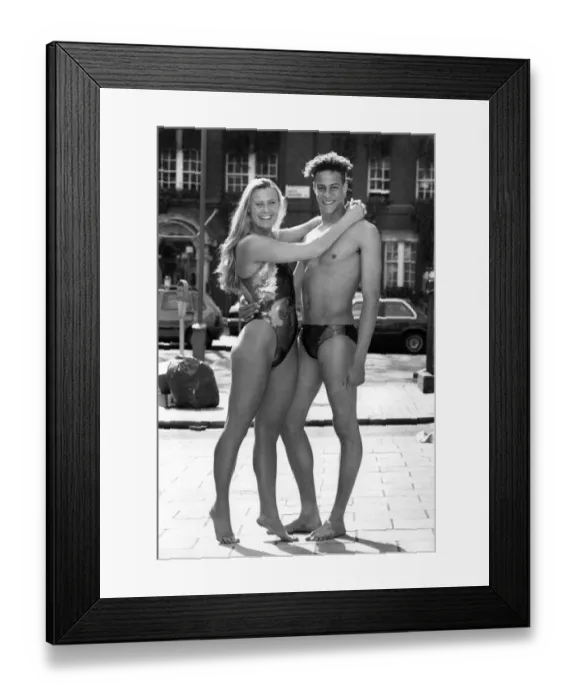 Framed Print : Clothing Beachwear. Austin Shortman and Zarah Long model the hologram swimwear Framed Print : Clothing Beachwear. Austin Shortman and Zarah Long model the hologram swimwear