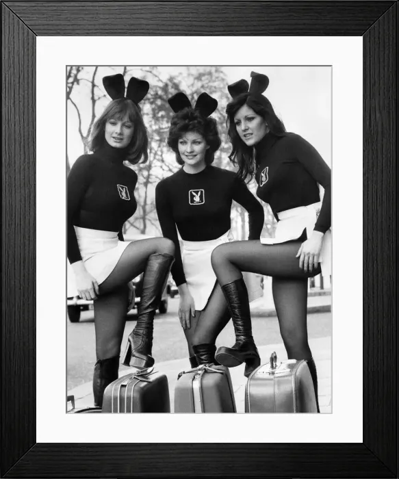 Framed Print : Night Clubs. Three Bunny girls with suitcases. March 1975 P018478 Framed Print : Night Clubs. Three Bunny girls with suitcases. March 1975 P018478