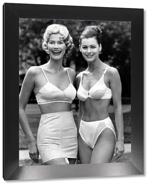Clothing - Underwear. Two models wearing lingerie outdoors - bra, knickers, stockings